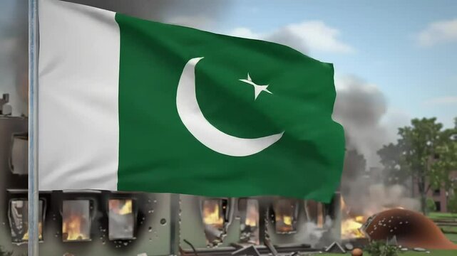 india pakistan war, india vs pakistan, pakistani flag on the foreground and bomb attack in the bacground, indian war scene