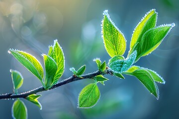 A serene winter morning with ice crystals on tree branches, while new spring leaves begin to bud, representing the peaceful change from winter to spring