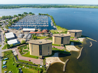 apartment buildings at a lake