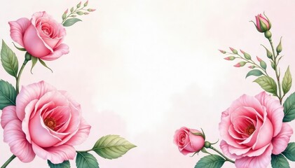 Delicate watercolor roses & leaves, blush pink hues, pattern, design