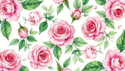 Delicate watercolor roses, lush green leaves, seamless repeat , leaves, floral, soft