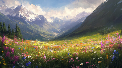 Fototapeta premium A serene mountain meadow with vibrant wildflowers and a gentle breeze moving through the air.