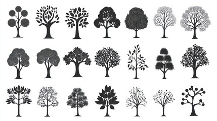 Various Tree Silhouettes Against White