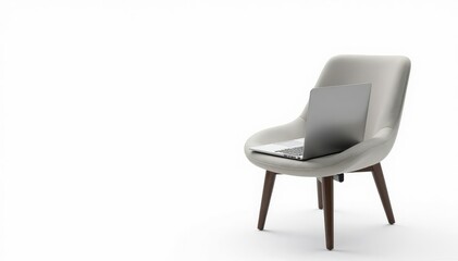 Fototapeta premium Empty chair facing laptop, isolated on white background , remote work, white, online