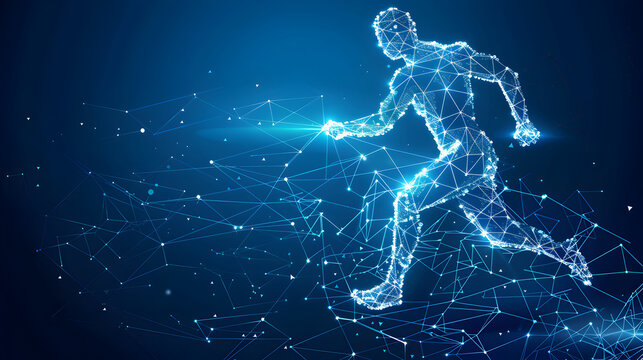 AI man of the future on a blue background with copyspace