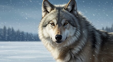 Obraz premium Winter Wolf: Majestic Gaze, Snowfall Serenity AI Generated