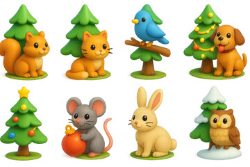 Naklejka premium Woodland animal icons set – squirrel, fox, bird, dog, tree, mouse, bunny, owl. 3D icon set