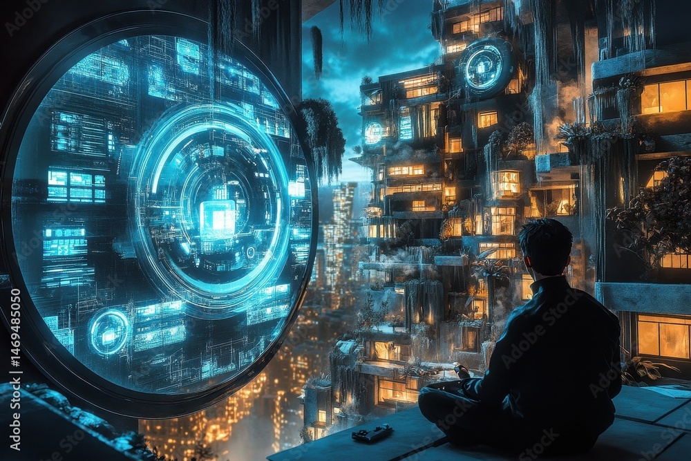 Poster a futuristic residential building with cutting-edge smart technology is being constructed, but a wor