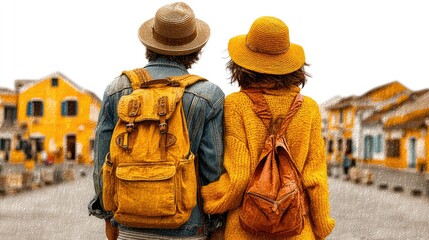 Obraz premium Couple traveling with backpacks exploring vibrant city streets beautiful urban environment outdoor view