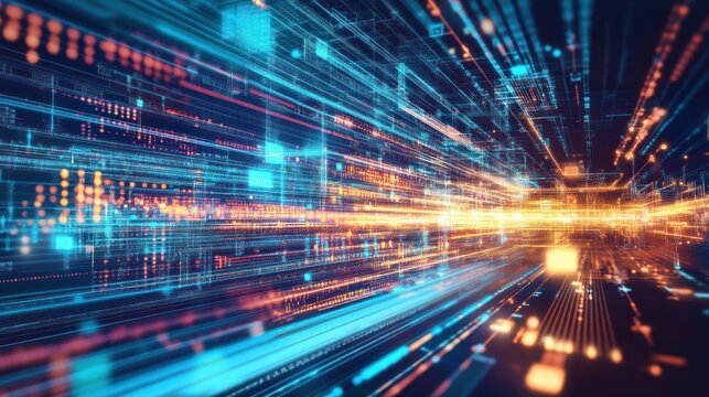 Abstract digital data stream, futuristic network, moving light trails of binary code in motion.