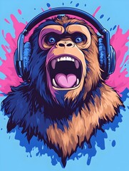 A snarling monkey with headphones, pink and blue paint splattered behind