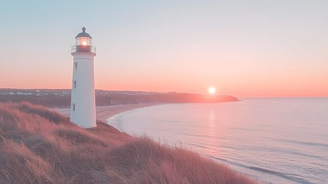 White Lighthouse on Rocky Coast at Sunset - Powered by Adobe