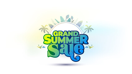 Grand Summer Sale, discount, offer and deals promotion logo and Poster. Tropical background with 3d typography.