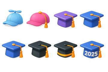 Graduation caps icons set – 3d, y2k, colorful, academic, 2025, simple, caps, ceremony, education. 3D icon set