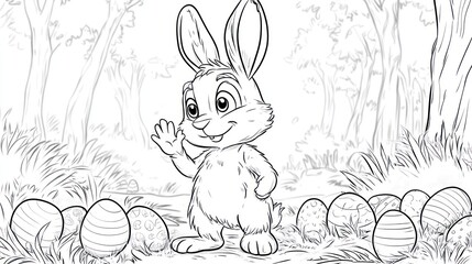 Obraz premium Easter bunny waving, forest background, eggs, coloring page
