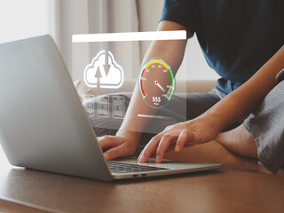 High speed internet connection with internet speed test, to send data on cloud or online server database on high speed internet on your laptop, high speed internet concept.