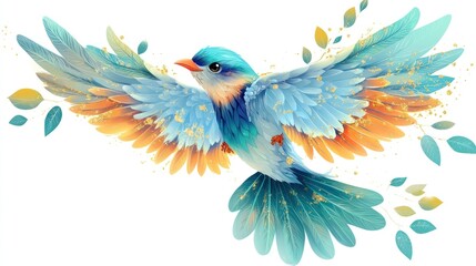 Colorful bird in flight, floral details