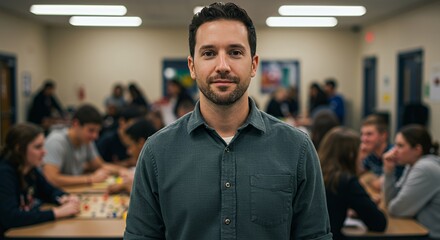 Fototapeta premium Portrait of a Confident Male Teacher in a Classroom Setting