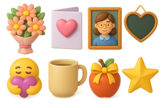 3d teacher appreciation icons set – heart, flowers, coffee, apple, star, portrait. 3D icon set
