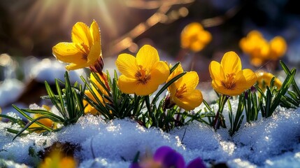 Colorful flowers bloom beneath the melting snow.