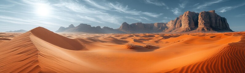 Desert with sand dunes and mountains in the background banner copy space