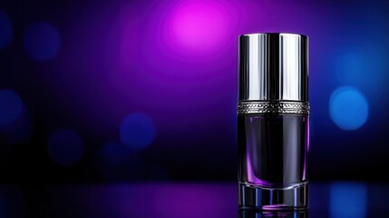 A bottle of perfume is sitting on a table in front of a purple background