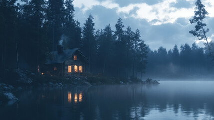 Fototapeta premium A peaceful lakeside cabin surrounded by tall trees, with the soft light of dawn breaking through the fog.