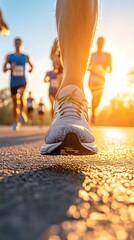 Runner's perspective at sunset during a race.  Focus on shoe, others blurred