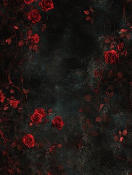 Naklejki A dark, aged wallpaper texture with glowing crimson roses and faintly visible gothic designs 