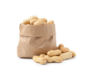 Unpeeled peanuts and paper bag isolated on white