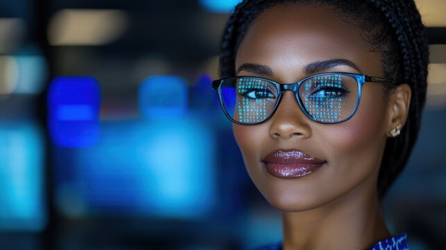 A confident woman is posing with glasses that reflect digital data patterns. She is in a contemporary office setting filled with blue lighting, suggesting a tech-focused environment
