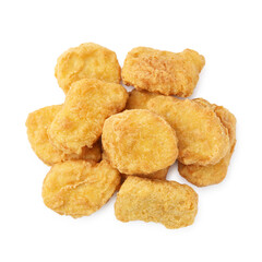 Many tasty chicken nuggets isolated on white, top view