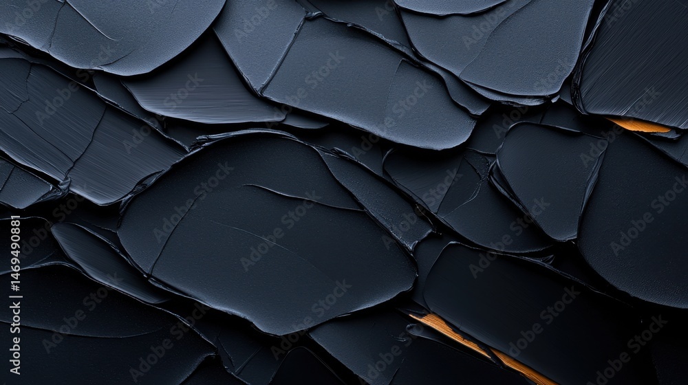 Poster layered materials form an abstract design characterized by dark black and hints of orange, highlight