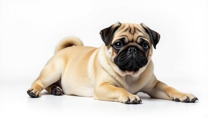 Playful pug lying down, isolated on pure white, pet, lying, breed