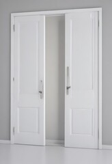 Clean white doors, open & closed, various positions ,  minimalist,  threshold