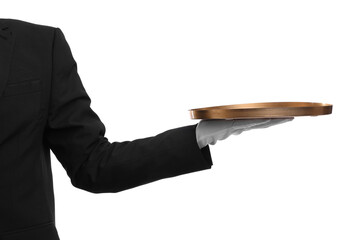 Man with empty tray on white background, closeup