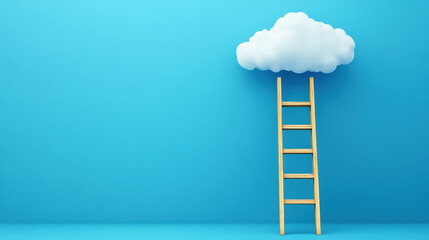 Wooden ladder reaching fluffy white cloud, blue background. Concept of dreams, goals, success, ambition. Generative AI