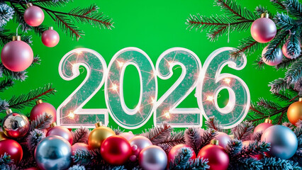 The numbers "2026" surrounded by bright Christmas balls and fir branches made of ice on a green background. New Year and Christmas concept.
