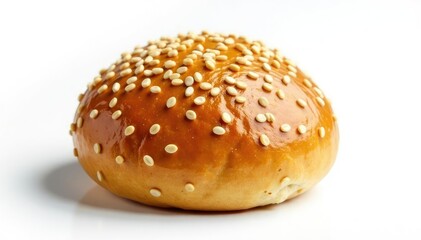 Sesame seed bun, rustic style, on clean white background , macro, texture