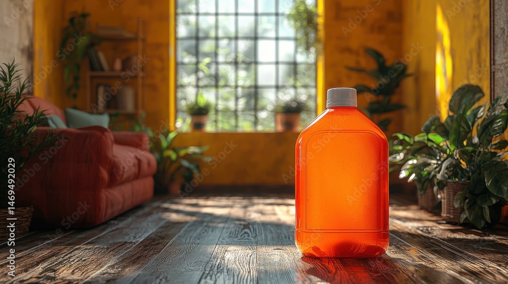 Poster a vibrant orange container stands in focus within a warm and inviting room filled with greenery. sun