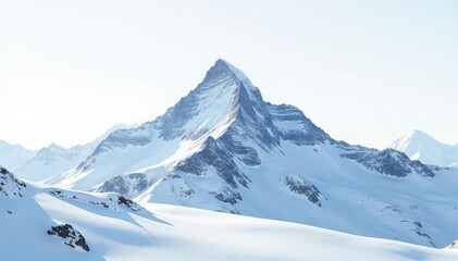 Snow-covered mountain peak against bright white sky, white, bright