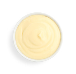 Tasty vanilla pudding in bowl isolated on white, top view