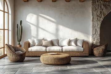 Obraz premium Beige, wicker furniture arrangement in a sunlit interior.