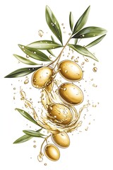 A branch of olives with leaves, surrounded by a golden liquid splash