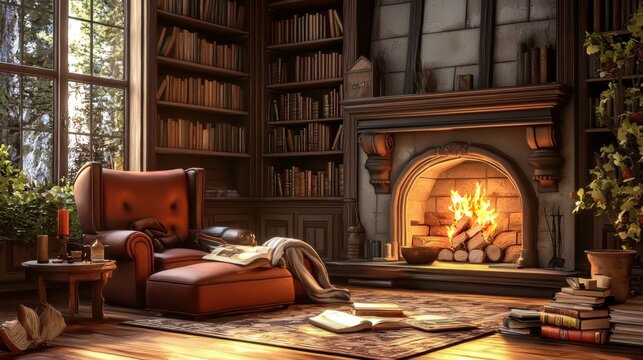 Warmth of a fireplace adds charm to a brightly colored reading room.