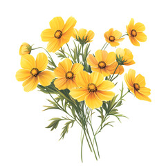 Vibrant Yellow Cosmos Flower Bouquet on Transparent Background
