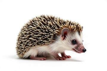 Obraz premium Tiny hedgehog curled, isolated on pure white background, prickles, sleep, mammal
