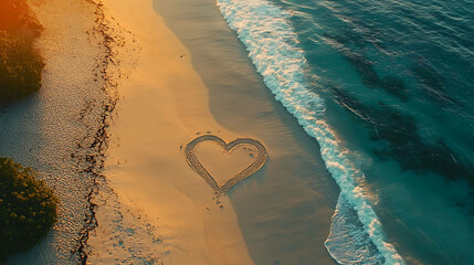 A romantic beach scene with a heart drawn in the sand