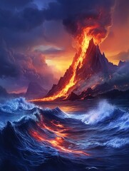 Fototapeta premium A fiery underwater volcano glowing red and orange, with enchanted lava flowing into the ocean 