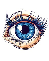 A detailed illustration of a blue eye with long eyelashes